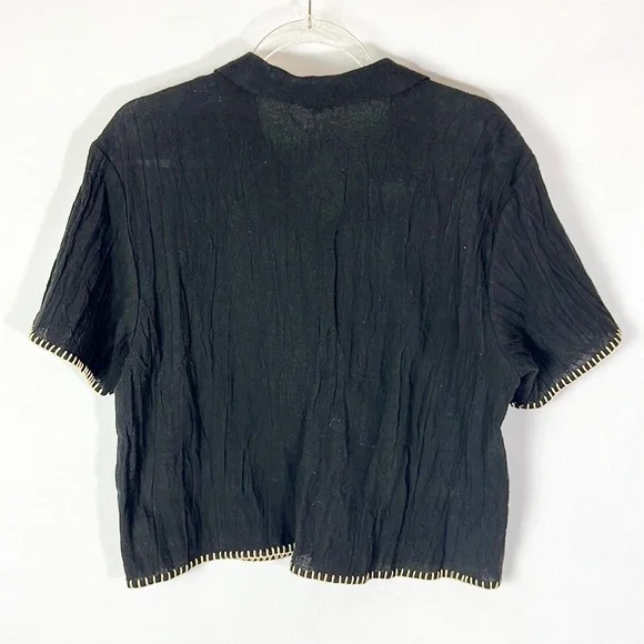 OUTFIT JPR |🖤 VINTAGE 90s Black Button-Up Woven Cream Boho Short-Sleeved Blouse - Picture 3 of 6